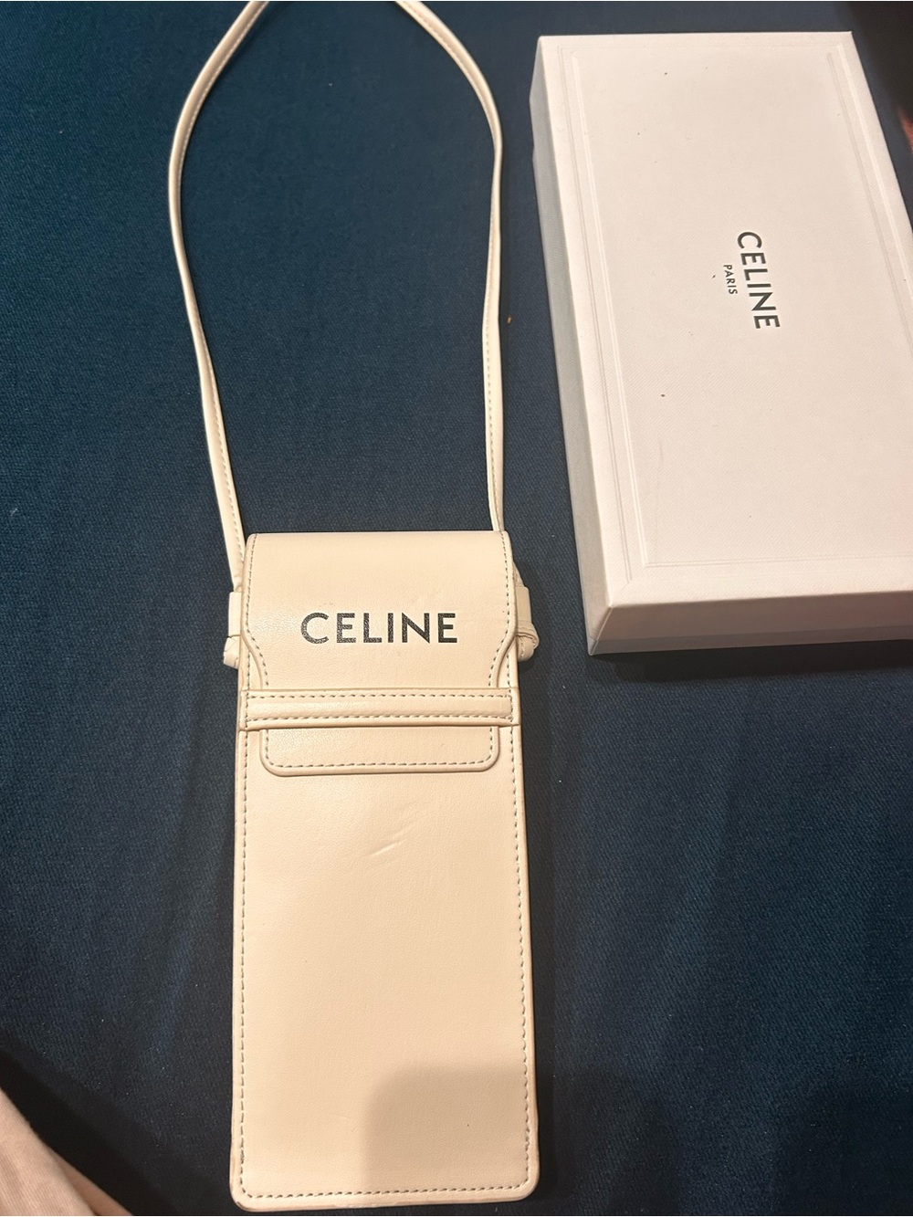 Celine Cream Leather Crossbody Phone Pouch with Logo